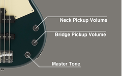 Primer plano de las perillas Master Tone, Neck Pickup Volume y Bridge Pickup Volume
