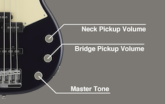 Primer plano de las perillas de volumen de captación del mástil, volumen de captación del puente y tono maestro