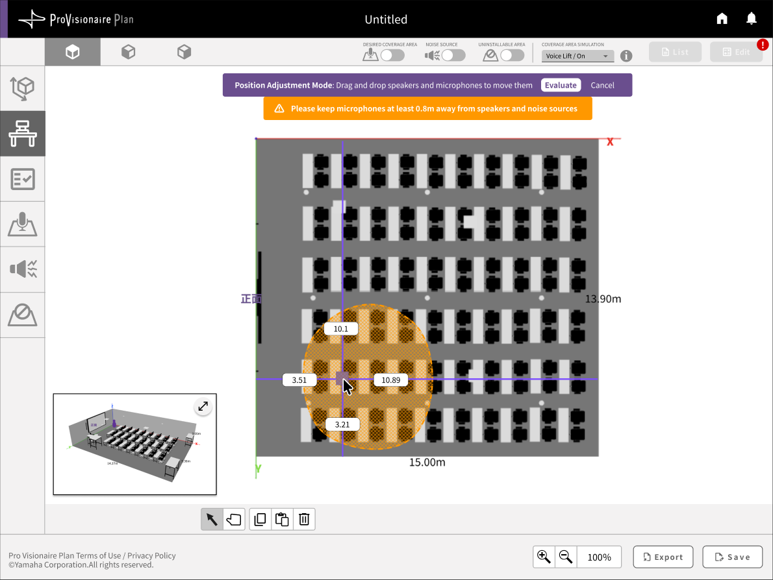 Pantalla de diseño de ProVisionaire Plan (o Room Planner). La vista de la distribución de la sala muestra micrófonos y altavoces que se reubican mediante la función de arrastrar y soltar. Los usuarios pueden evaluar y optimizar la ubicación de los dispositivos de acuerdo con el entorno de instalación real.