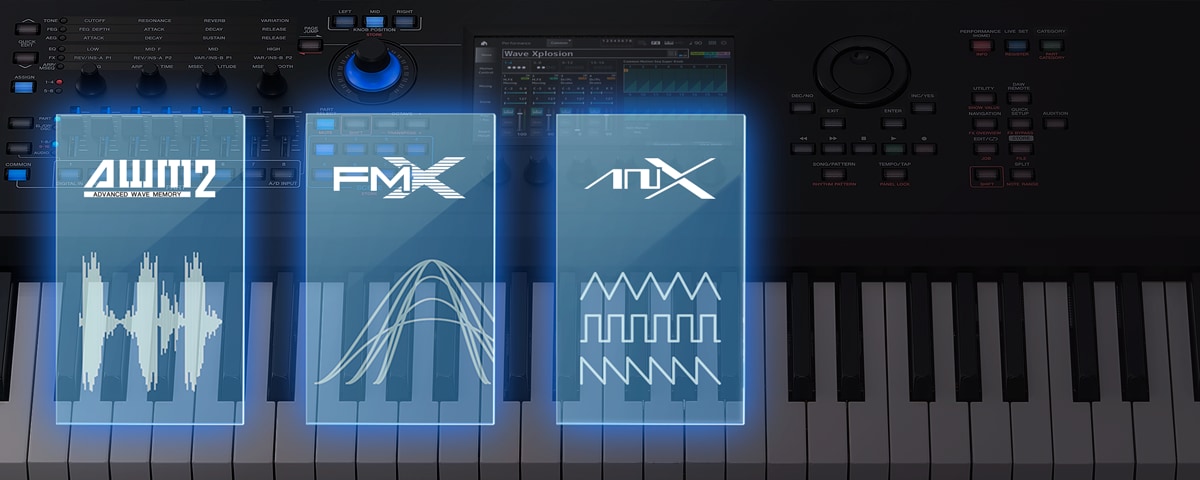 Image representing the SOUND feature, showing AWM2, FM-X, and AN-X sound engines emerging over a synthesizer background