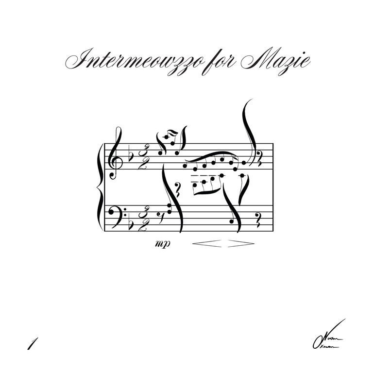Partitura titulada "Intermeowzzo for Mazie", que presenta notas musicales dispuestas en forma de gato.