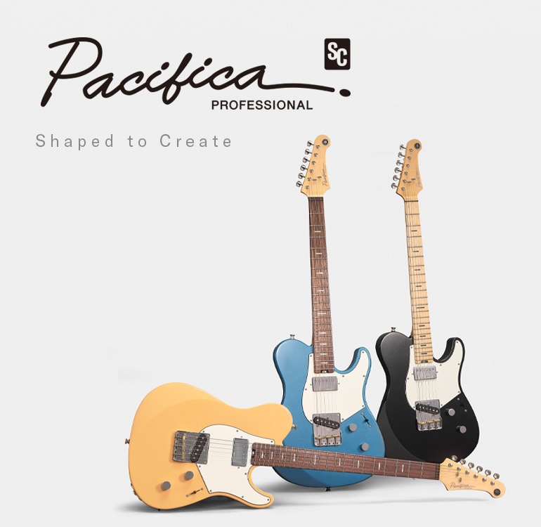 Fondo blanco. Izquierda: Logotipo de Pacifica SC Professional y texto "designed to inspire". Derecha: 3 guitarras.