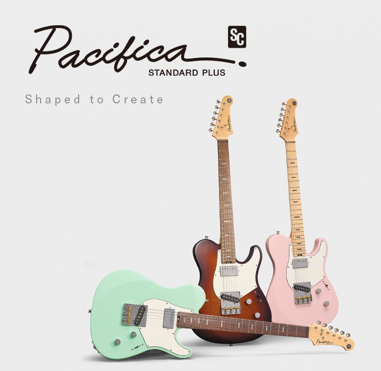 Fondo blanco. Izquierda: Logotipo de Pacifica SC Standard Plus y texto "designed to inspire". Derecha: 3 guitarras.