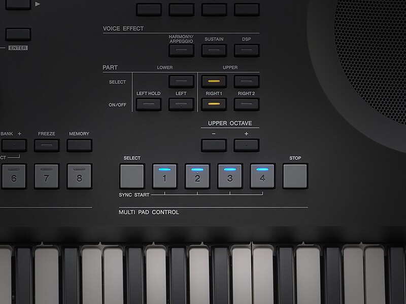 Primer plano de los Multi Pads del PSR-SX620 utilizados para activar frases, patrones y loops.