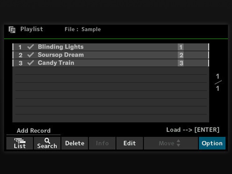 Pantalla de Playlist en el PSR-SX620 para organizar canciones y ajustes.