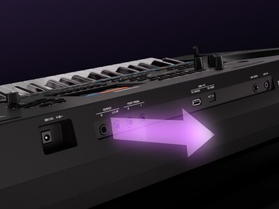Primer plano de los conectores LINE OUT del PSR-SX620 para una salida de audio de alta calidad.