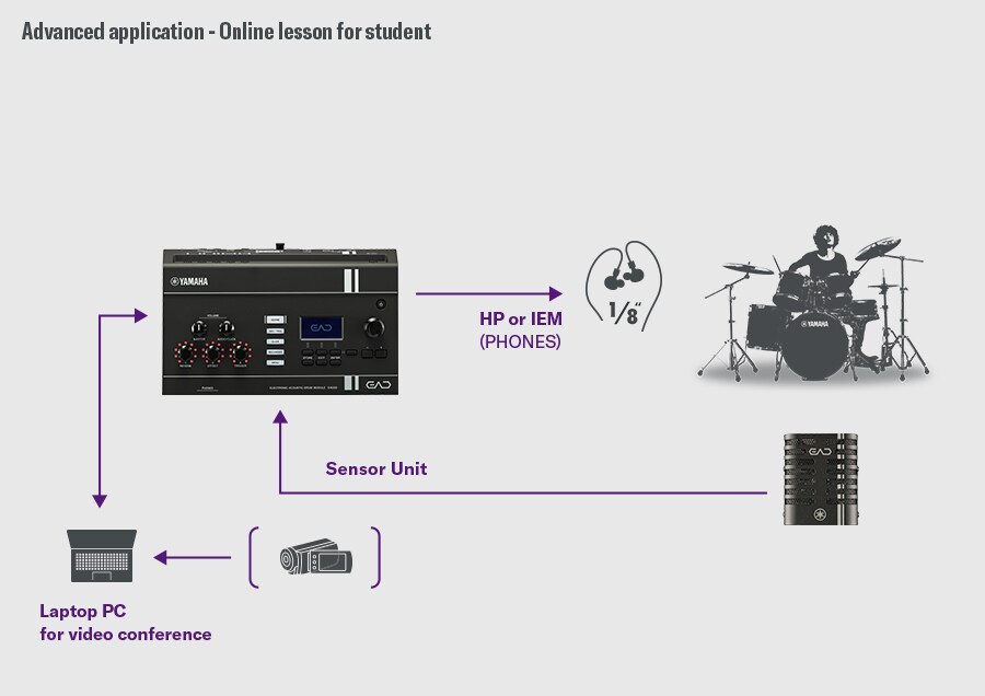 Diagrama que muestra el EAD20 conectado a una computadora o dispositivo inteligente para lecciones de batería en línea.