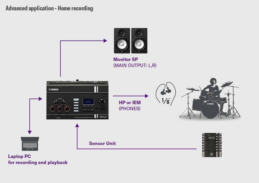 Diagrama que muestra el EAD20 conectado a un sistema de grabación basado en DAW para producción en estudio en casa.