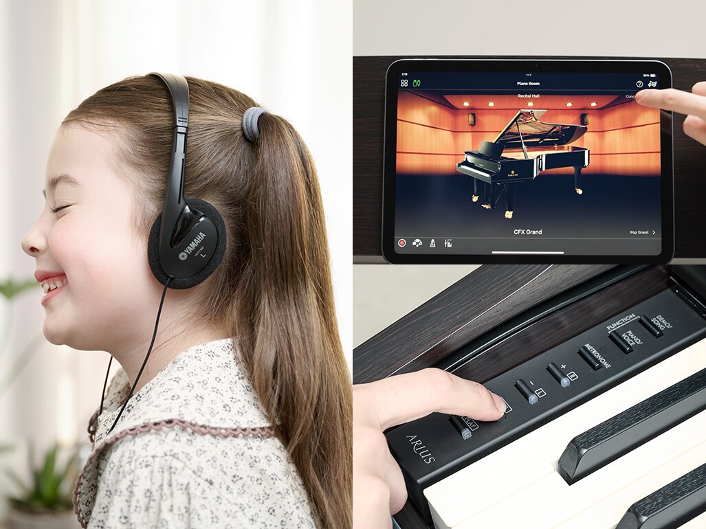 Practicar en el piano digital con audífonos, visualizar la pantalla de la aplicación Smart Pianist y grabar mediante los controles integrados del piano.