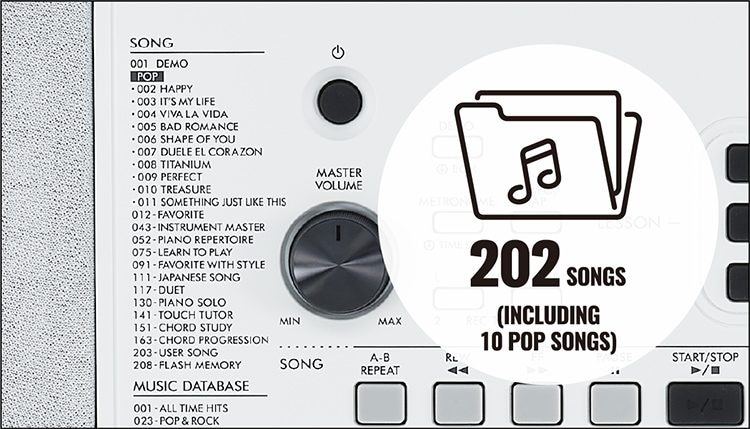 202 canciones integradas, que incluye 10 canciones pop y la capacidad de añadir canciones