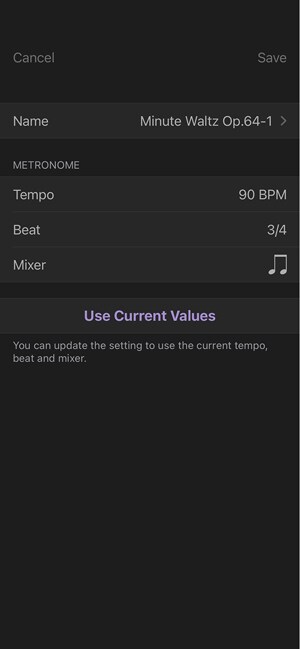 Pantalla "Mi lista" en la aplicación METRONOME: permite guardar y editar los ajustes de tempo, métrica y tono