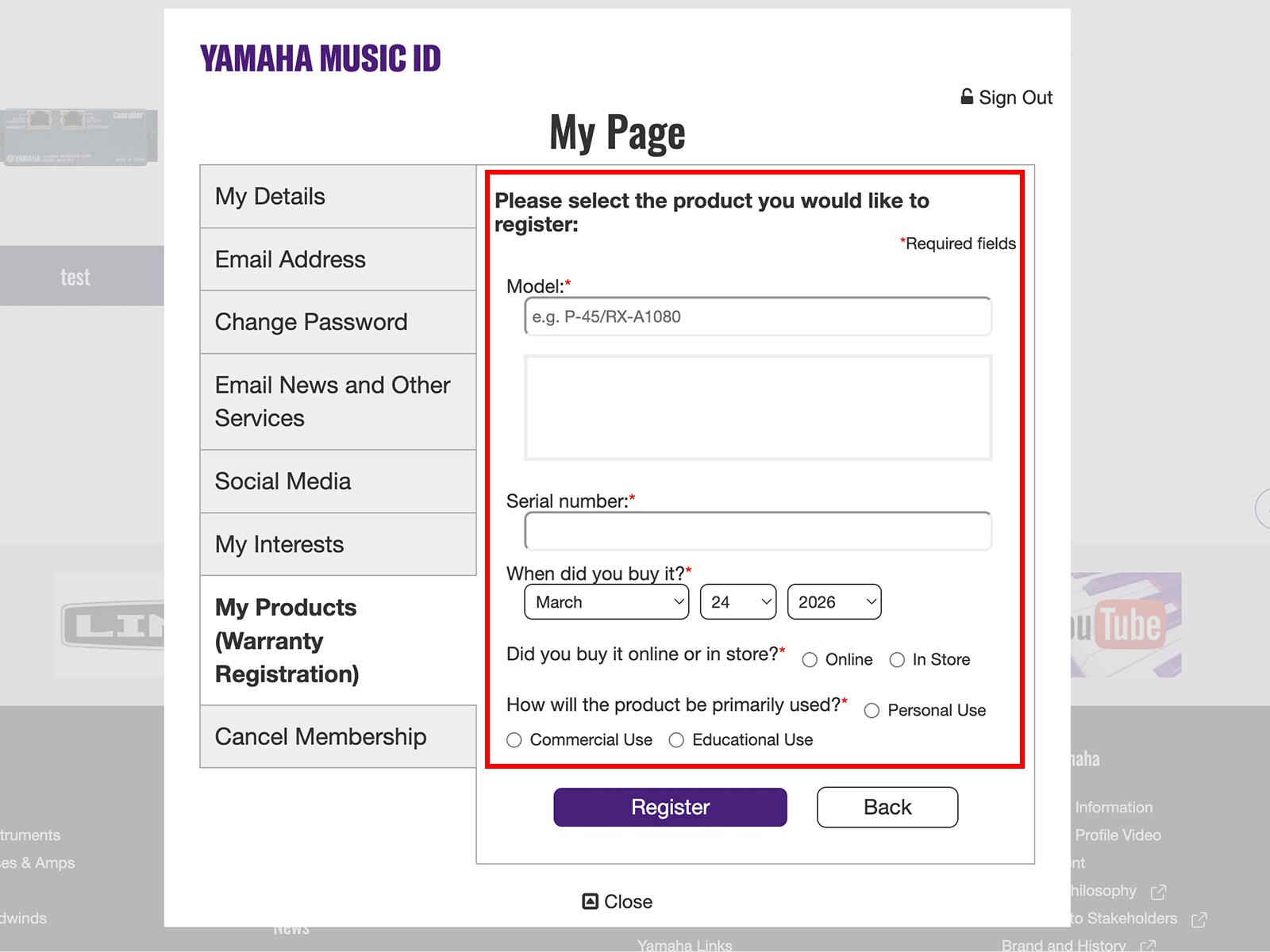 Pantalla del formulario de registro de Yamaha Music ID.