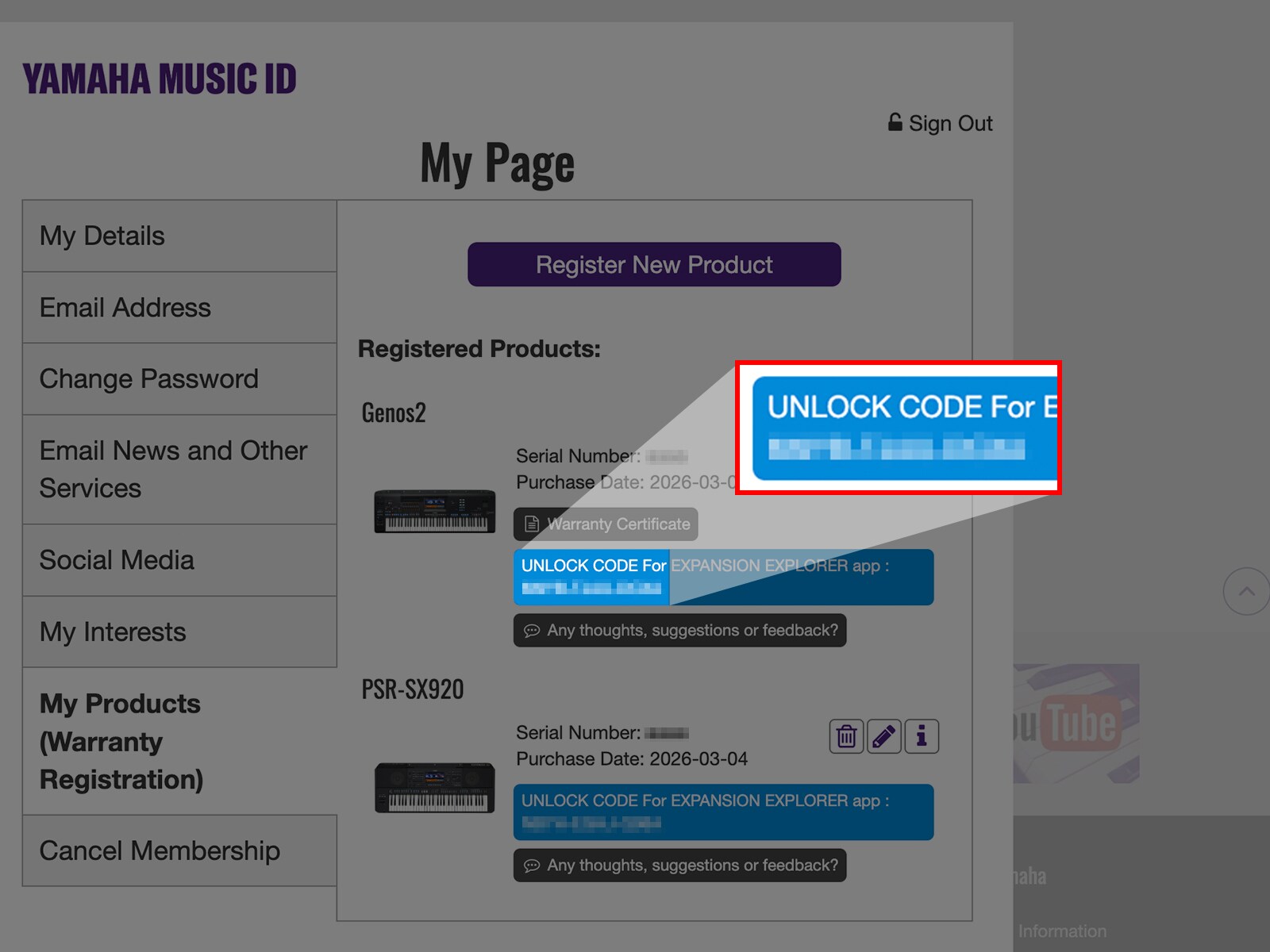 El código de desbloqueo se muestra después de registrar el producto.