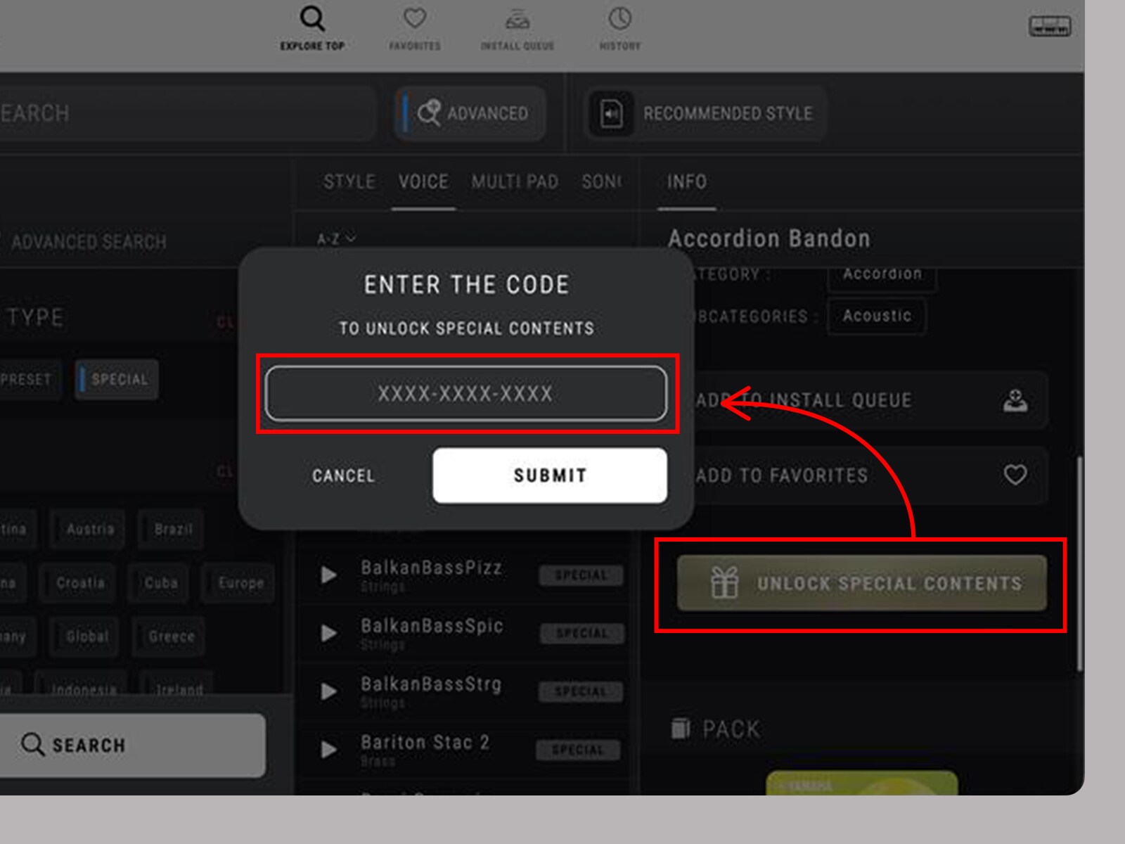 Pantalla de ingreso del código de desbloqueo en la aplicación EXPANSION EXPLORER.